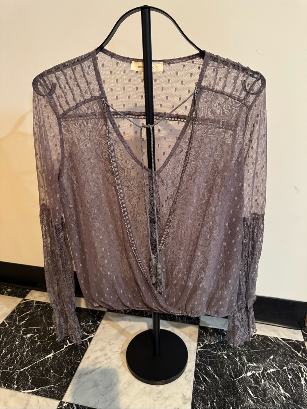OneTheLand Lavender Lace Mesh Swiss Dot Boho Tassel Bell Sleeve Top M Festival